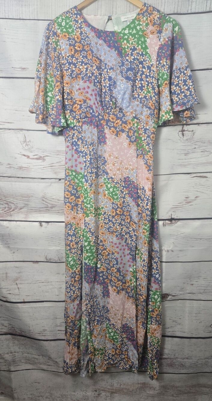 TOPSHOP Womens Dress Size 6 Floral Patchwork Keyhole Back Front Slits Midi